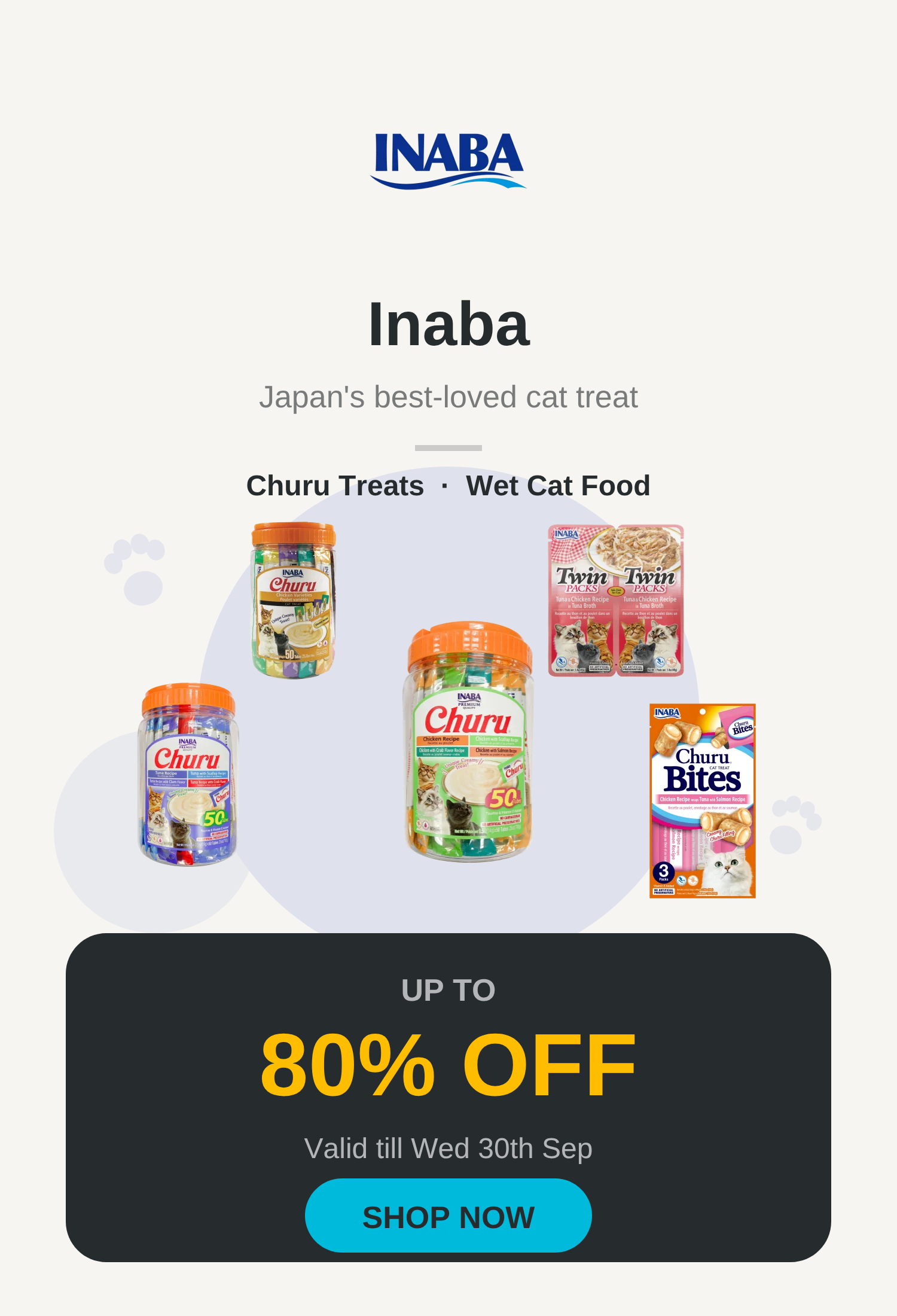 Inaba sale banner, up to 80% off, valid till Wed 30th Sep