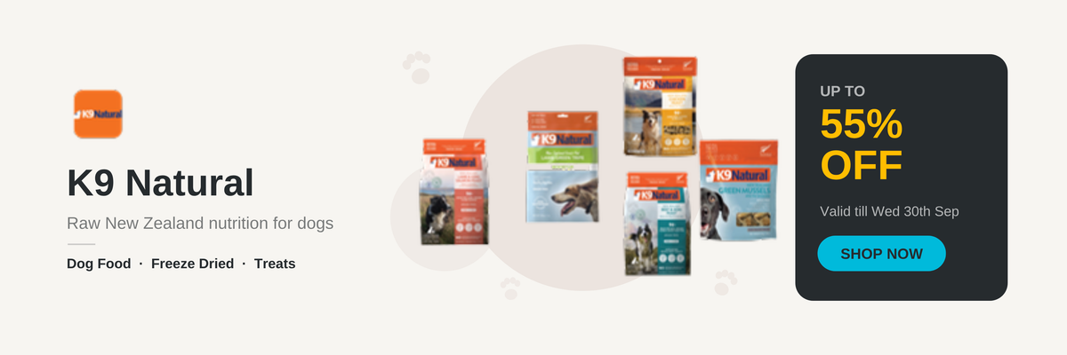 K9 Natural sale banner, up to 55% off, valid till Wed 30th Sep - desktop