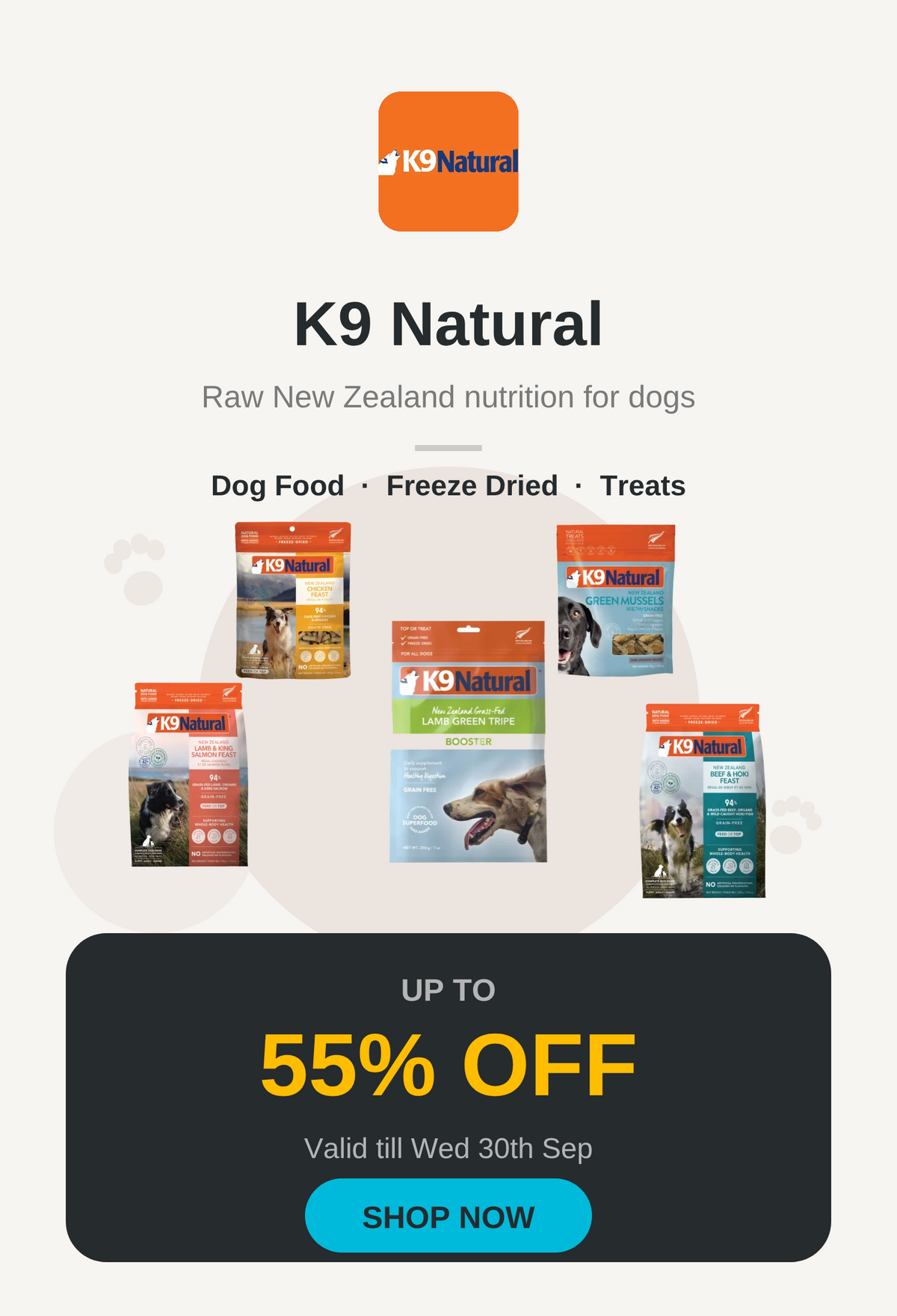 K9 Natural sale banner, up to 55% off, valid till Wed 30th Sep - mobile