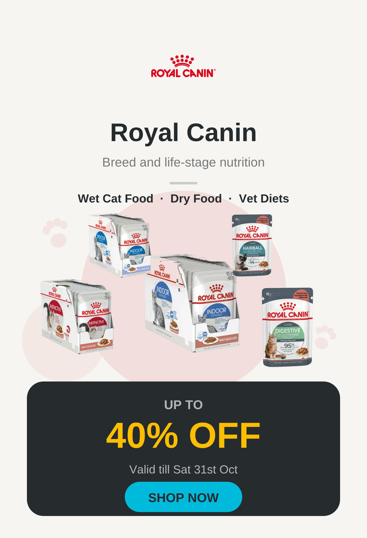 Royal Canin sale banner, up to 40% off, valid till Sat 31st Oct - mobile