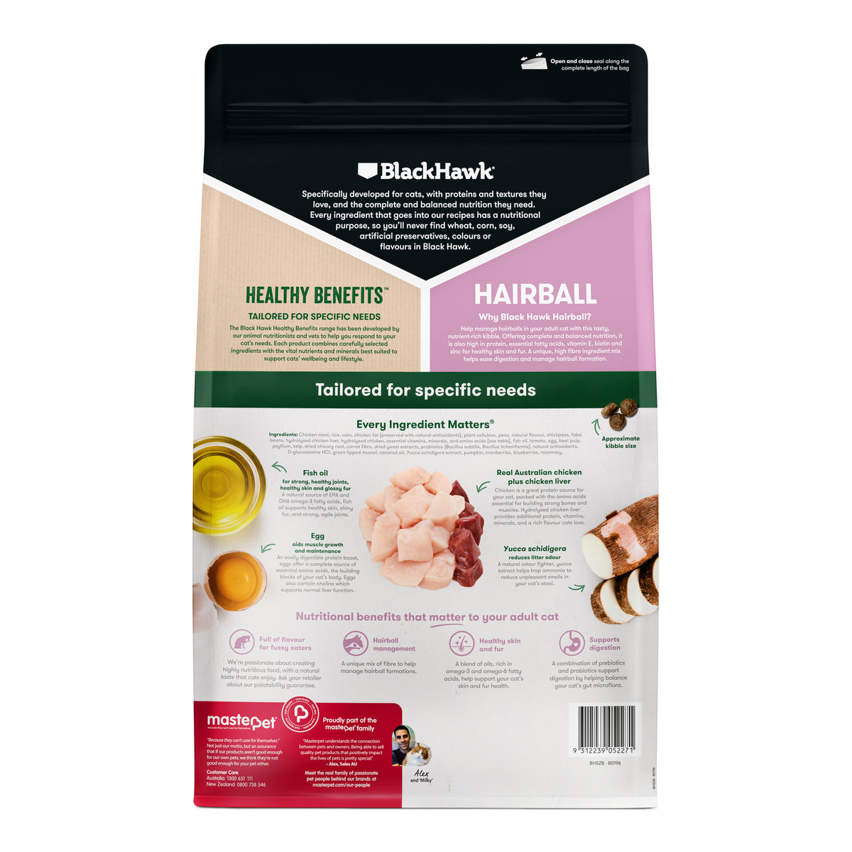 Black Hawk Healthy Benefits Hairball Adult Chicken dry cat food – back of pack with ingredients and benefits