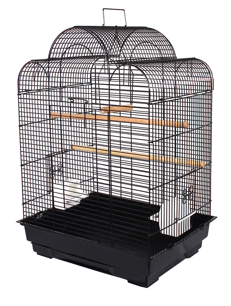 Birdie Cathedral Roof Cage in black, domed roof with a carry handle above two wooden perches