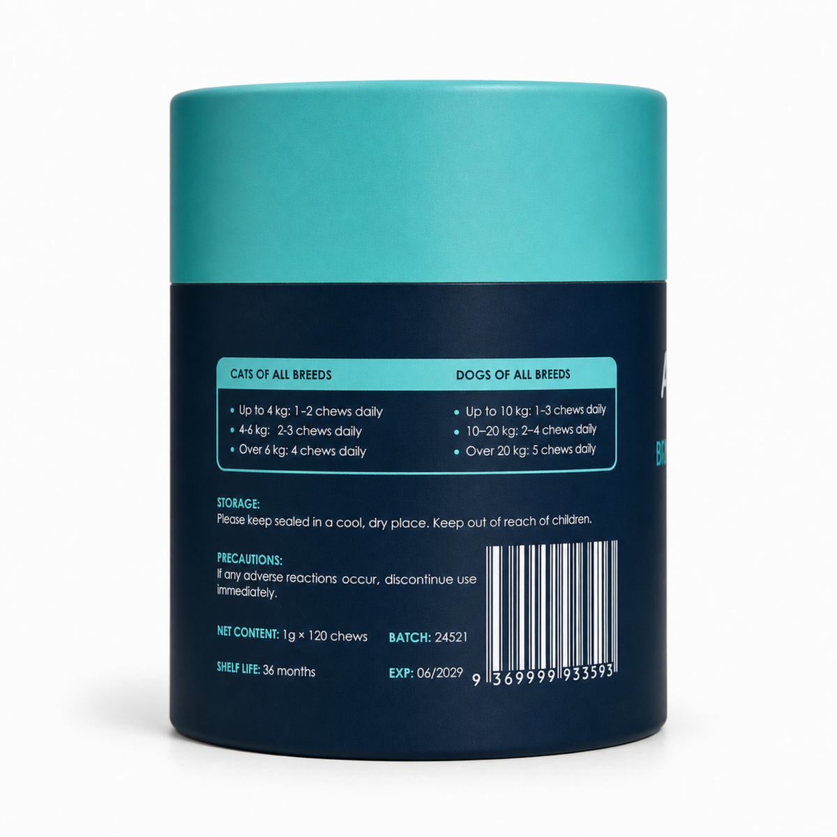 Back of the Auinpet Brain & Vision Health for Pets tube with the dosage guide by pet weight and barcode
