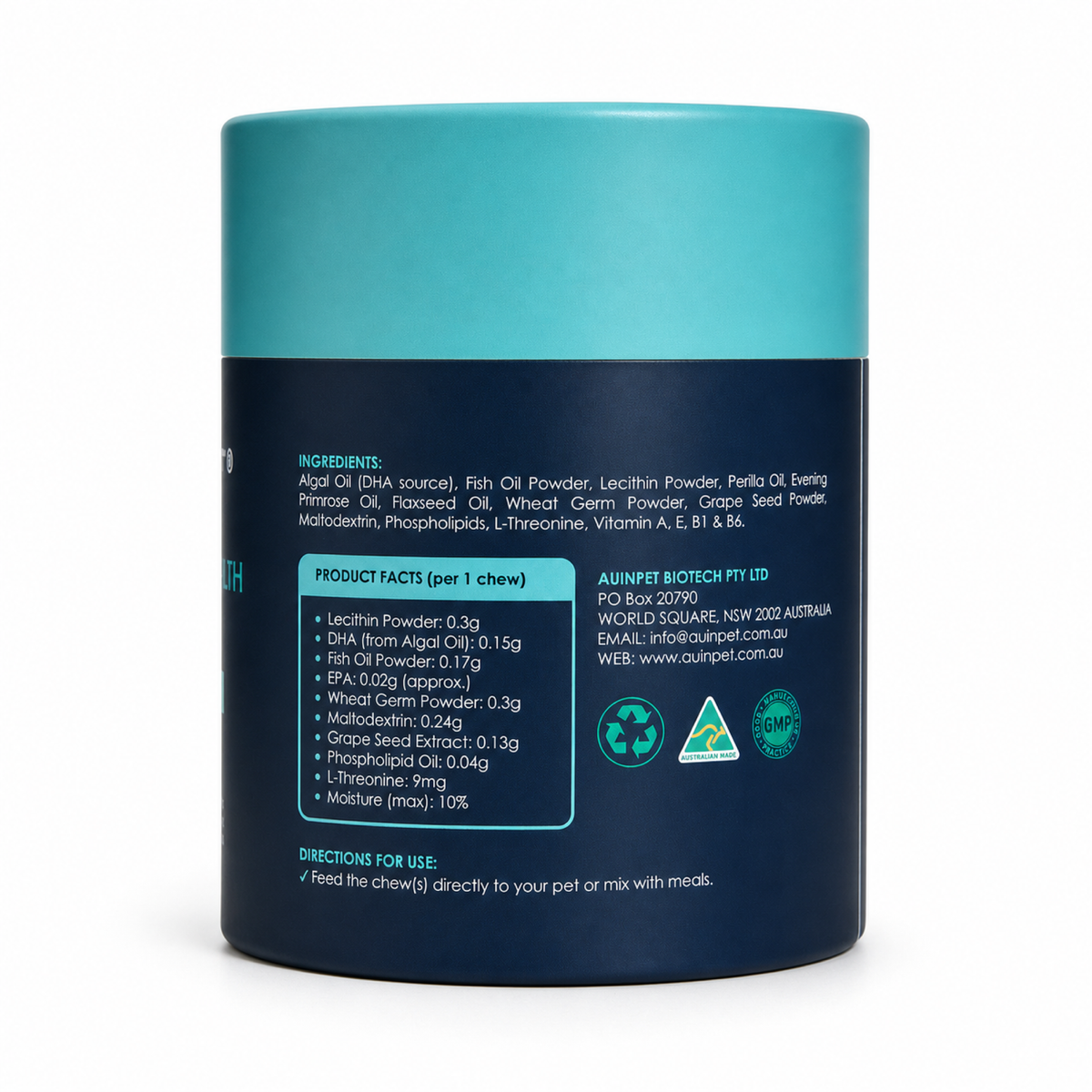 Side panel of the Auinpet Brain & Vision Health for Pets tube listing ingredients and product facts