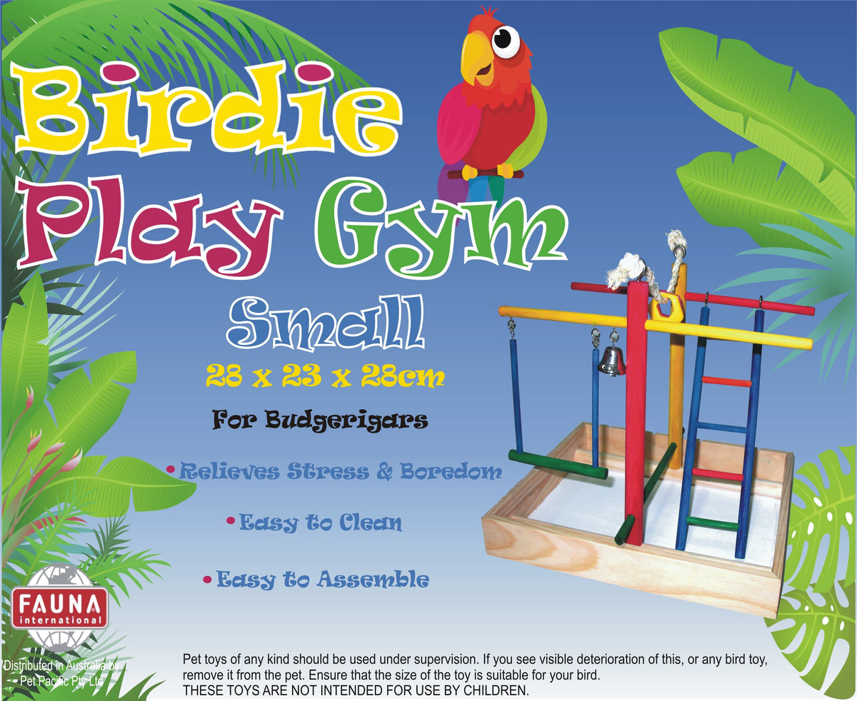 Birdie Play Gym Small pack artwork, a 28 x 23 x 28cm gym for budgerigars with ladder, perches and swing