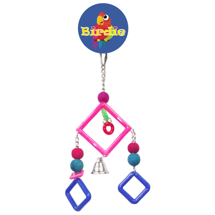 Birdie 3 Plastic Squares with Beads Bell, three linked plastic squares above a single bell
