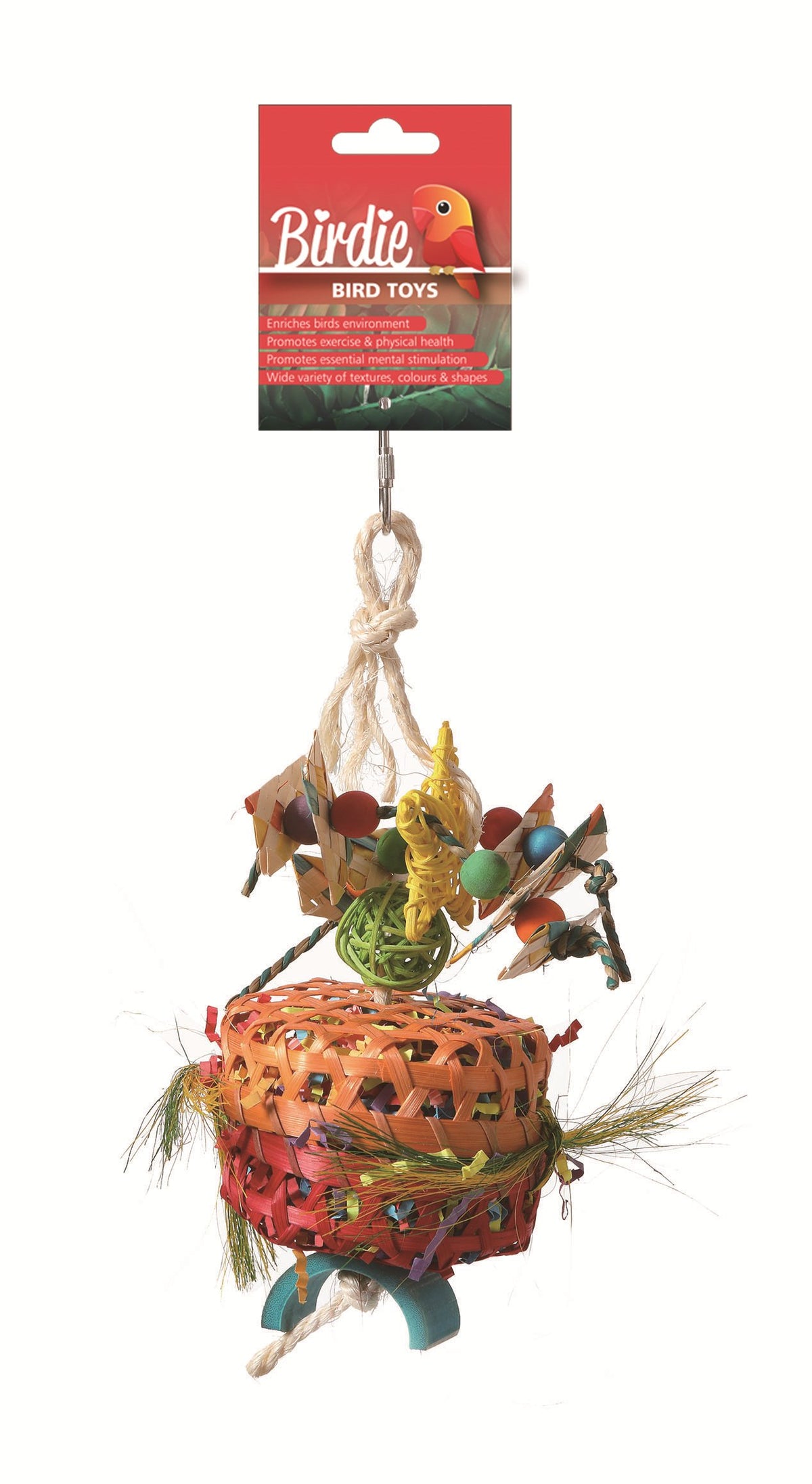 Birdie Foraging Box toy on its red Birdie card, woven basket packed with wood pieces and raffia, 20 x 10cm
