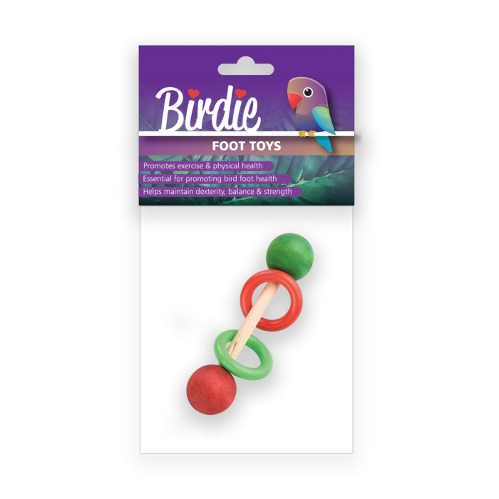 Birdie Foot Barbell Toy with acrylic rings stacked along the short bar