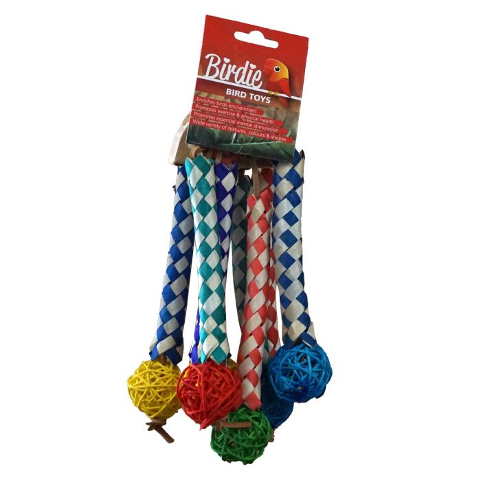 Birdie Tubes with Pom Poms in red and blue rattan with tufted pom pom sections