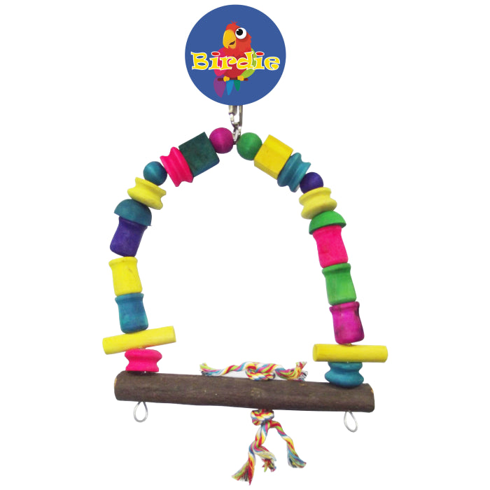 Birdie Large Block and Spool Swing with blocks and spools threaded along a wide bar