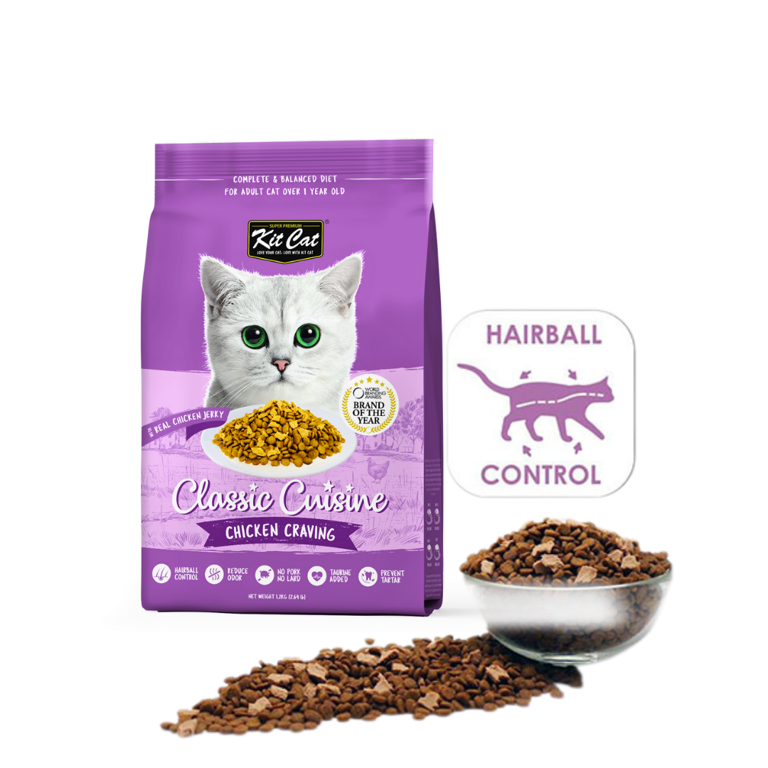 Kit Cat Chicken Cuisine dry cat food pack with kibble and hairball control icon