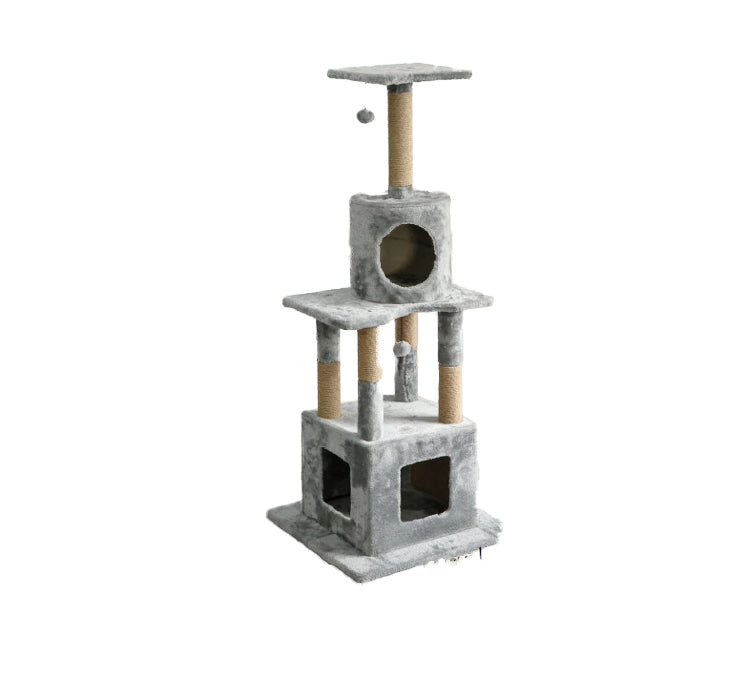 FurKidz Cat Tower Grey Fleece - Medium with Large & Round Homes | PeekAPaw Pet Supplies