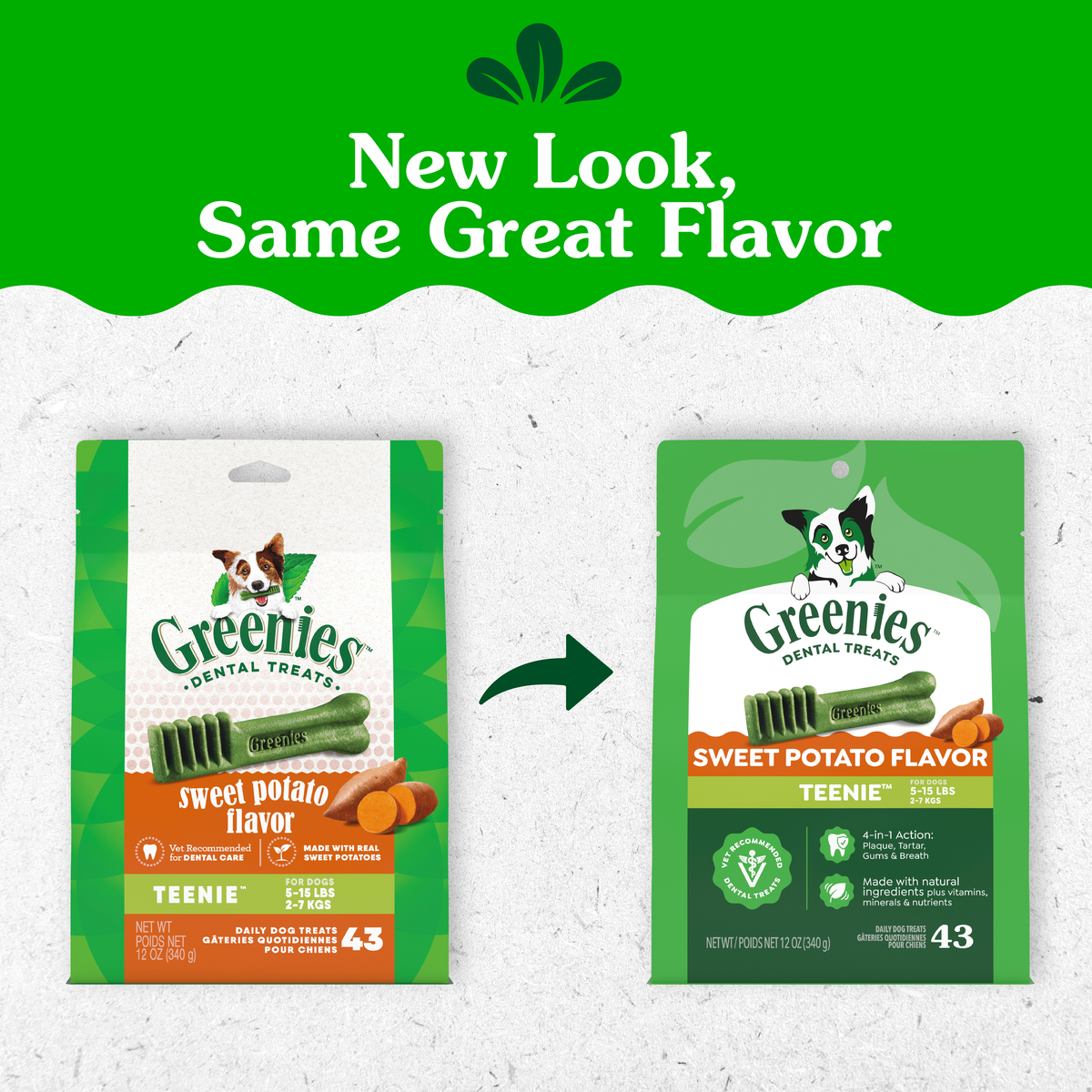 GREENIES packaging update: old and new Sweet Potato Flavour Teenie packs side by side