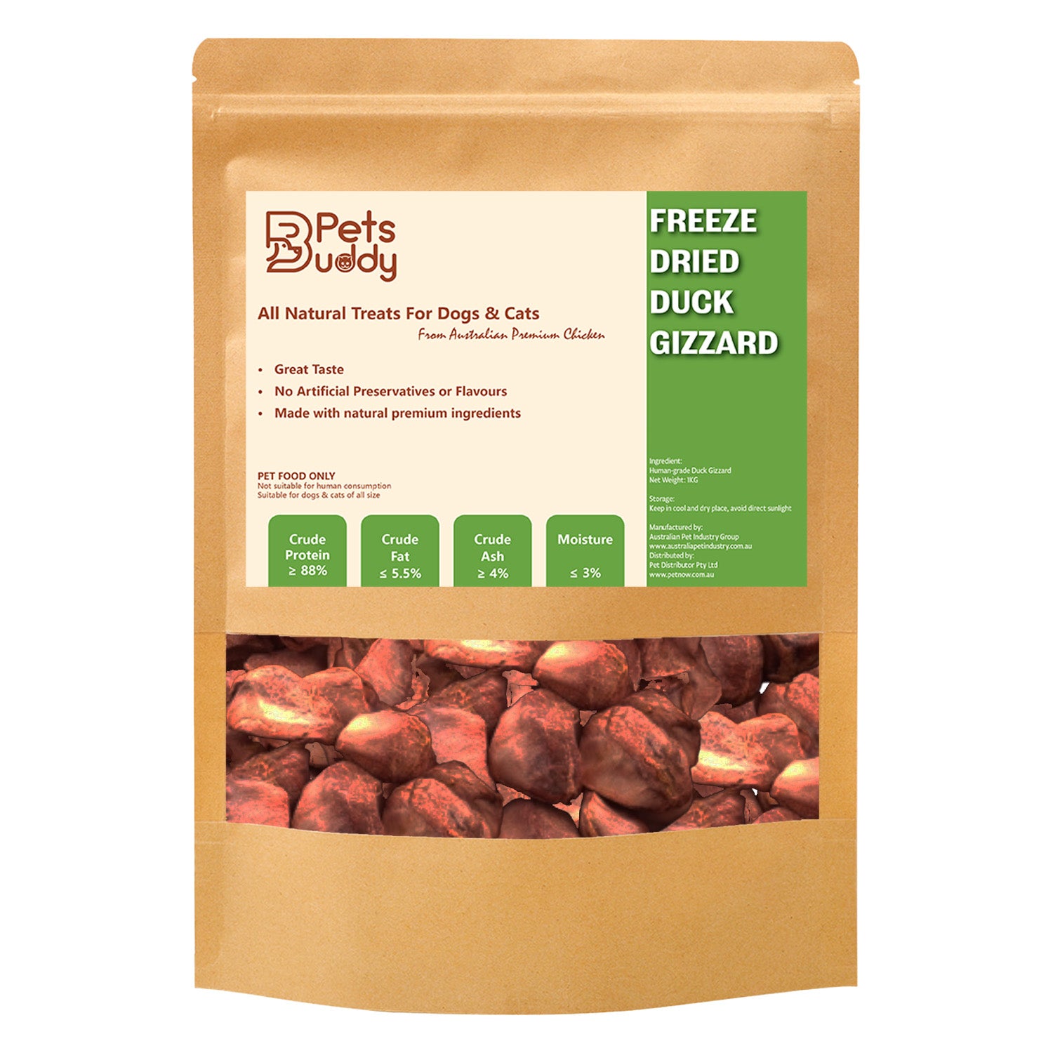 PetsBuddy Duck Gizzard Freeze Dried Pet Treats for Dogs & Cats 1kg