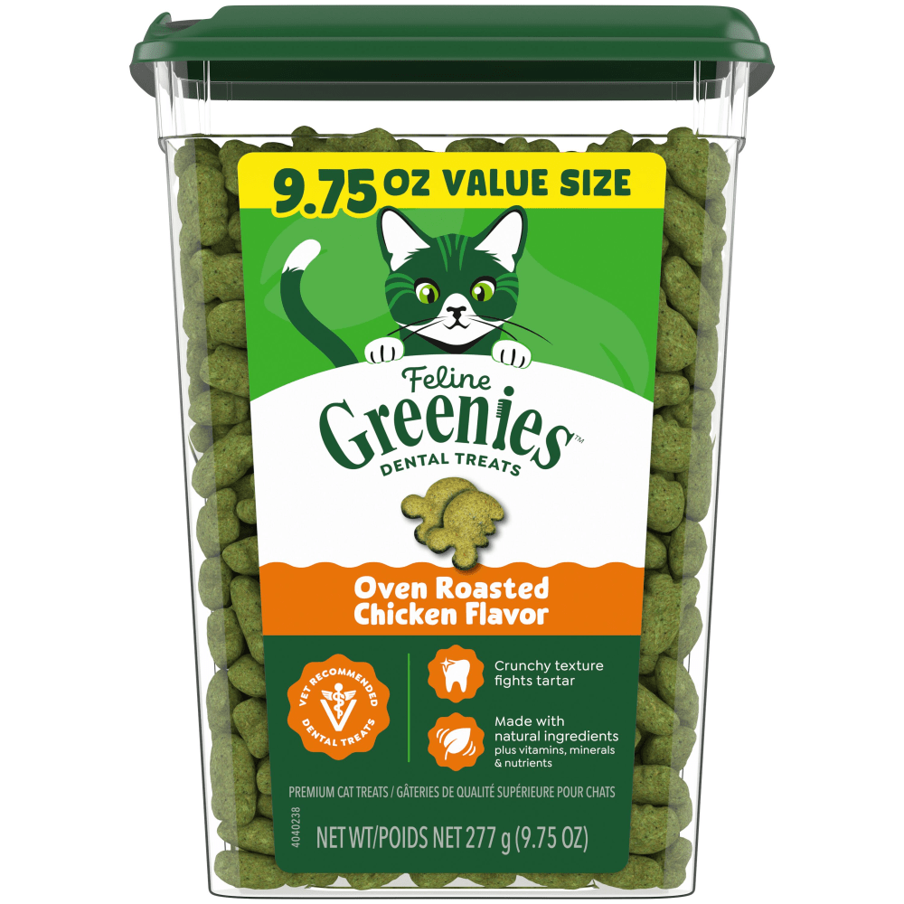 GREENIES Feline Dental Treats Oven Roasted Chicken Flavour, front of the 277g value size tub