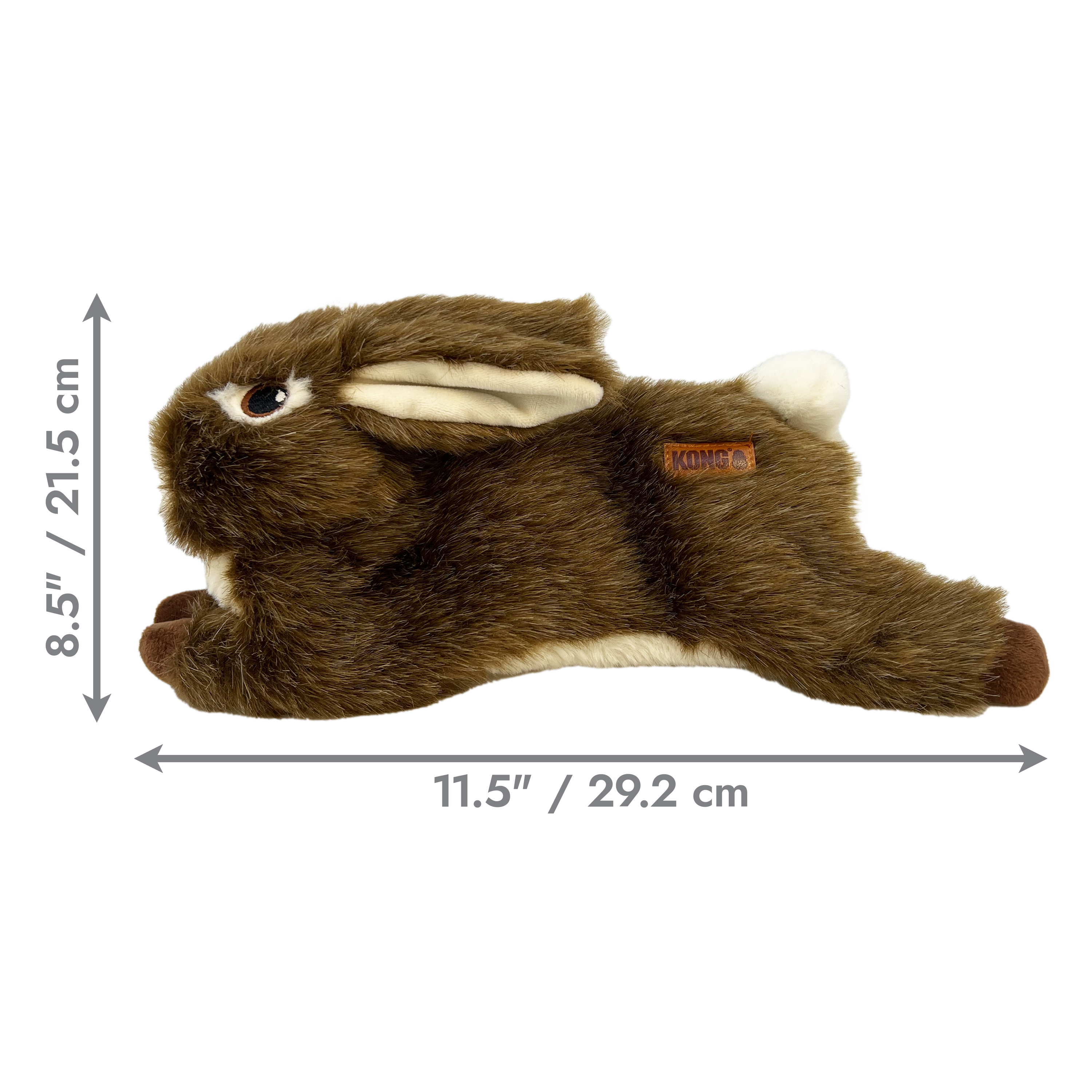 KONG Dog Toys Wild Low Stuffing Rabbit shown with its dimensions labelled