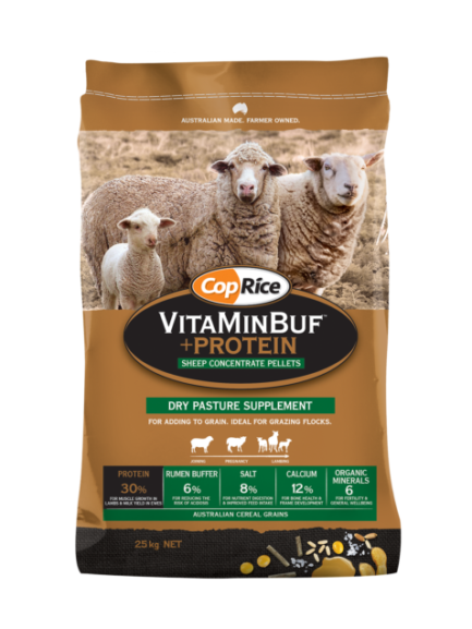 CopRice VitaMin BUF Dry Pasture Livestock Supplement bag, front of pack packshot on white