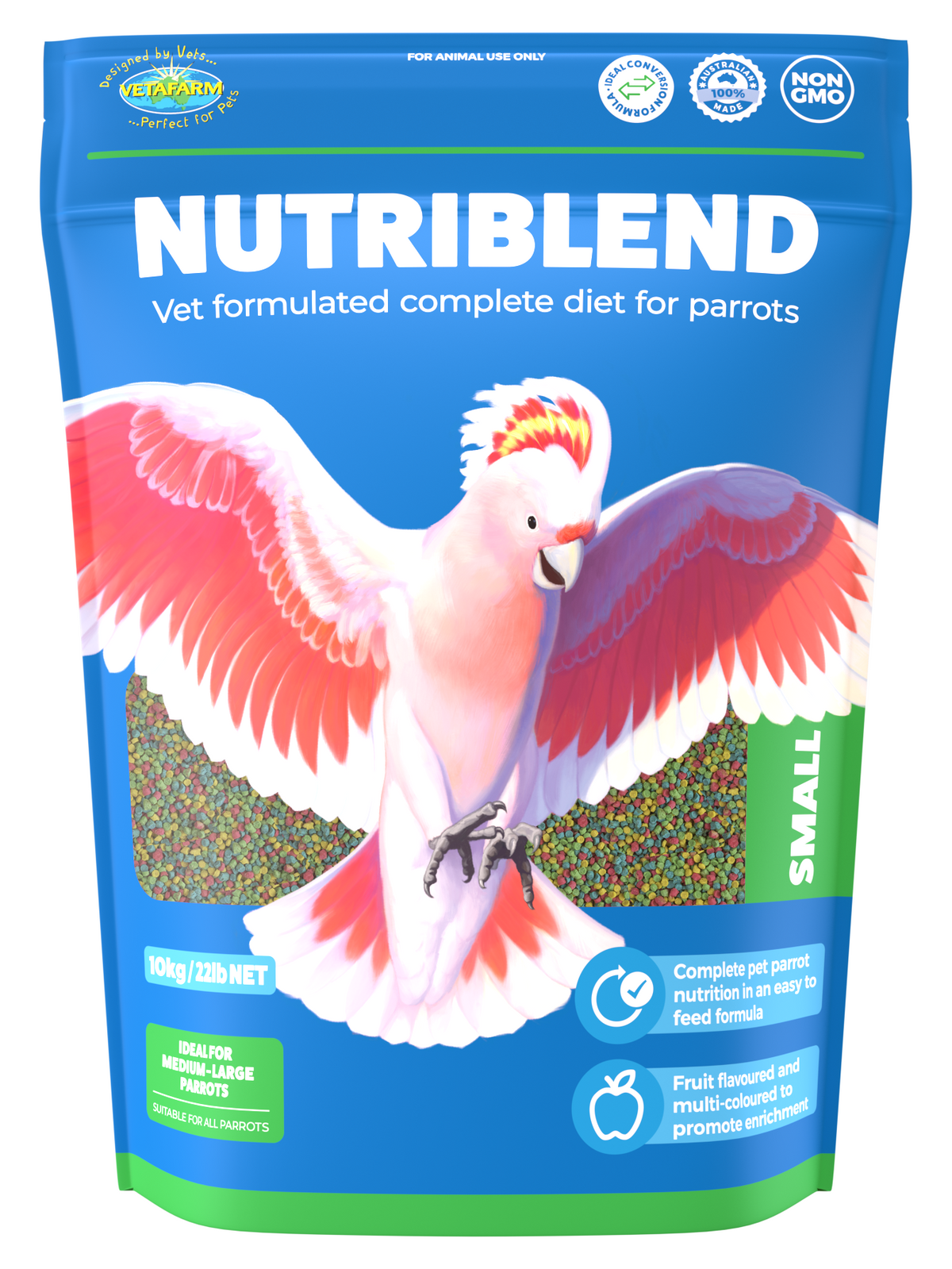 Vetafarm Nutriblend Small pellets 10kg bag, new blue pack with a pink galah, front