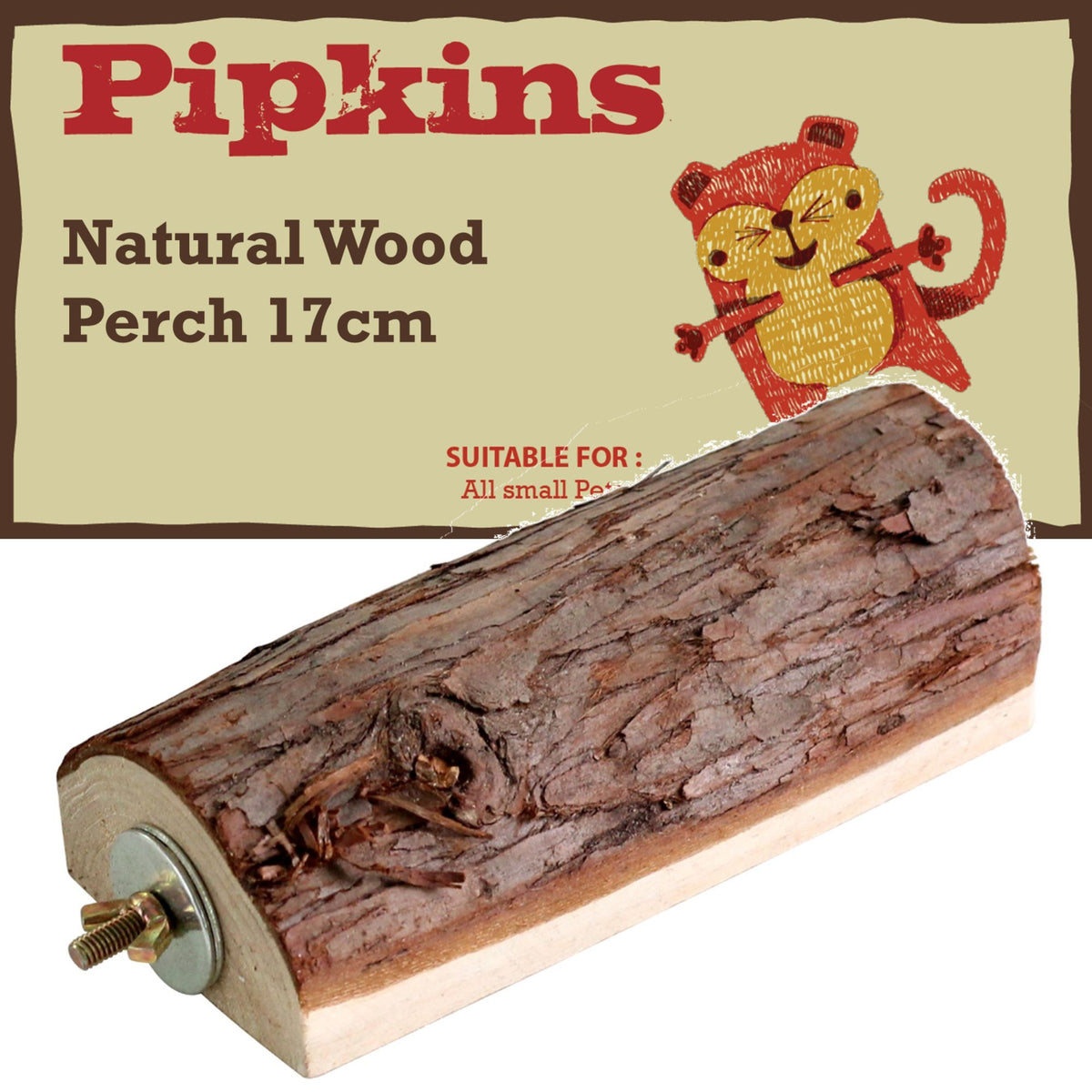 Pipkins Small Pet Natural Wood Perch 17cm with screw and washer fixing