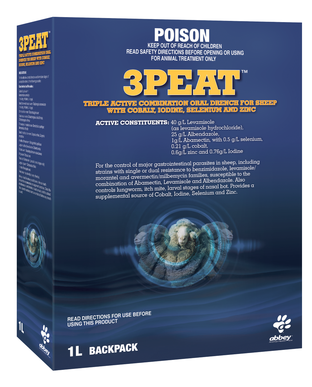 Abbey Animal Health 3 Peat Triple Active Combination Sheep Drench 1L product packaging