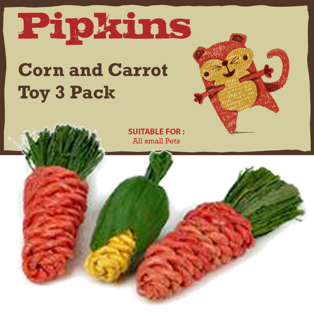 Pipkins Small Pet Corn & Carrots edible chew toy 3 pack