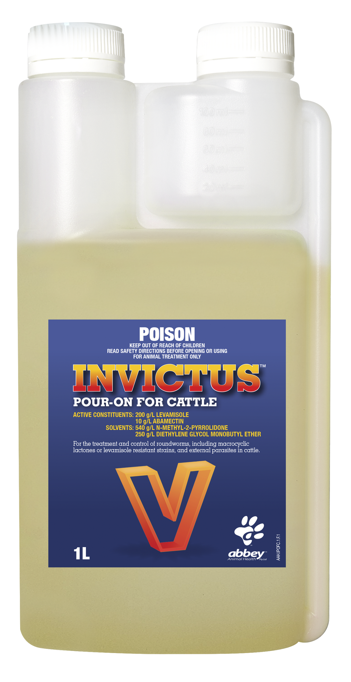 Abbey Animal Health Invictus Dual Active Pour-On For Cattle 1L product packaging