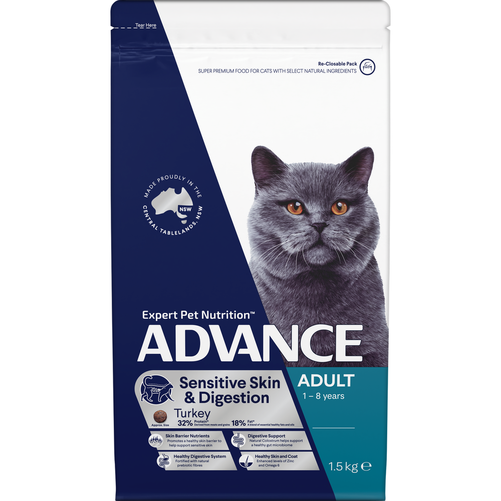 ADVANCE Sensitive Skin & Digestion Adult Dry Cat Food Turkey - 1.5kg | PeekAPaw Pet Supplies