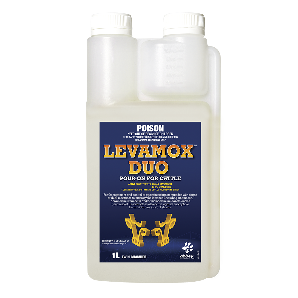 Abbey Animal Health Levamox Duo Pour-On For Cattle 1L product packaging