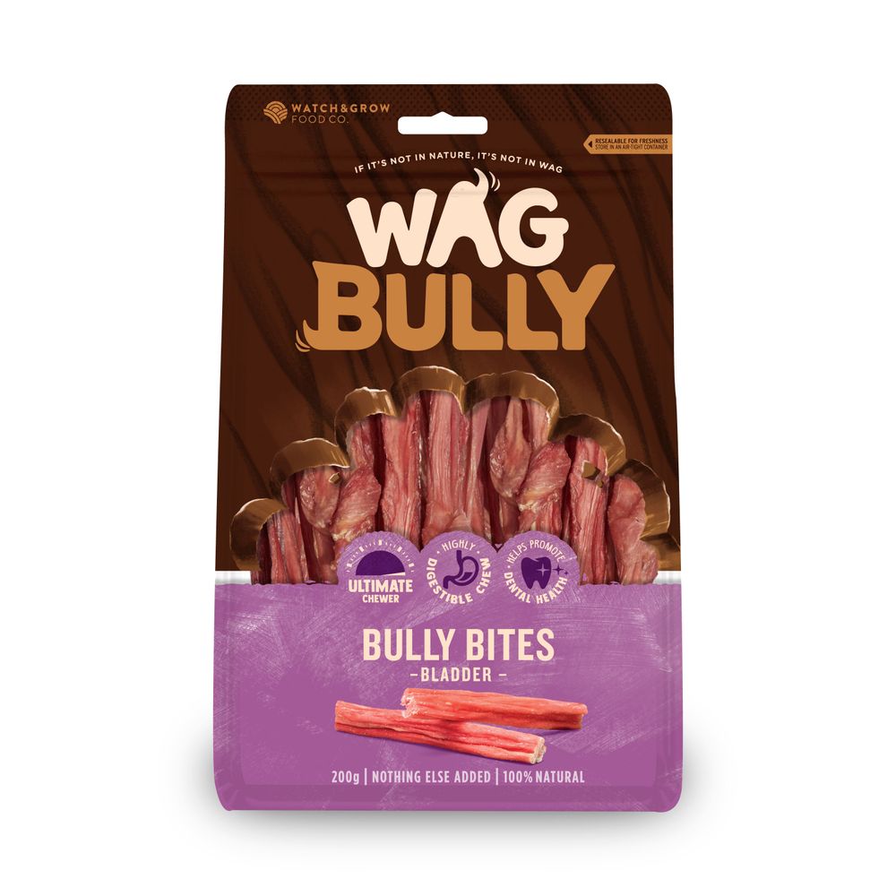 WAG Bully Bites dog treats, 200g pack in the current brown and purple design