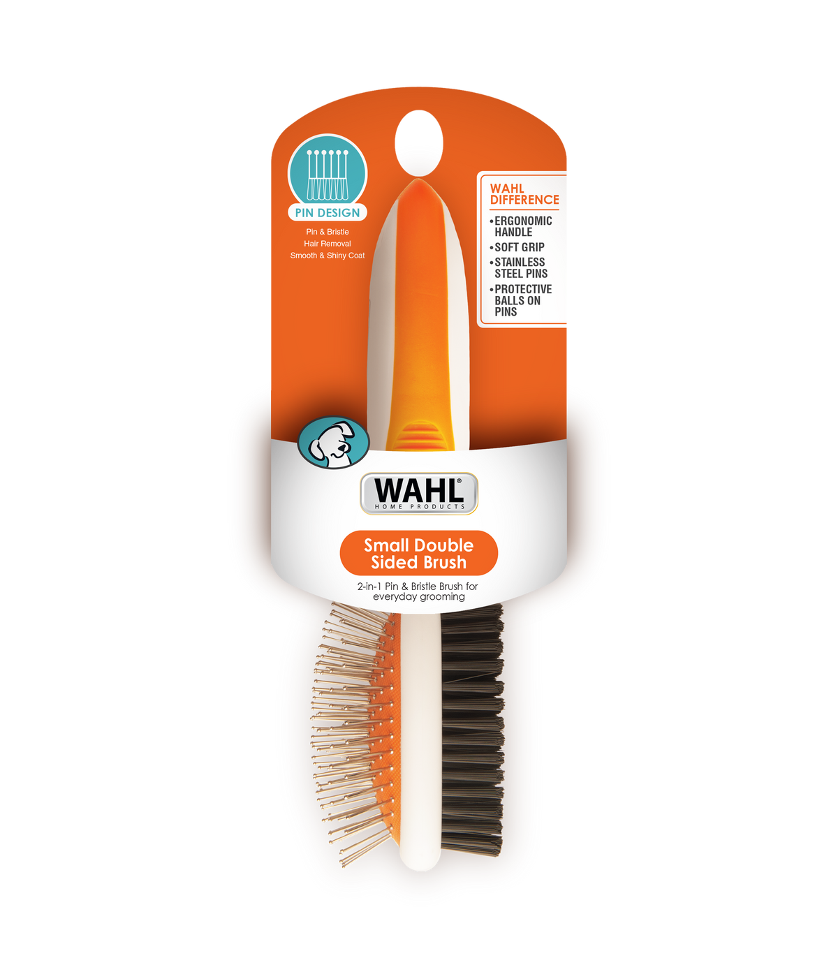 Wahl double sided pin and bristle dog brush, small, on its retail card