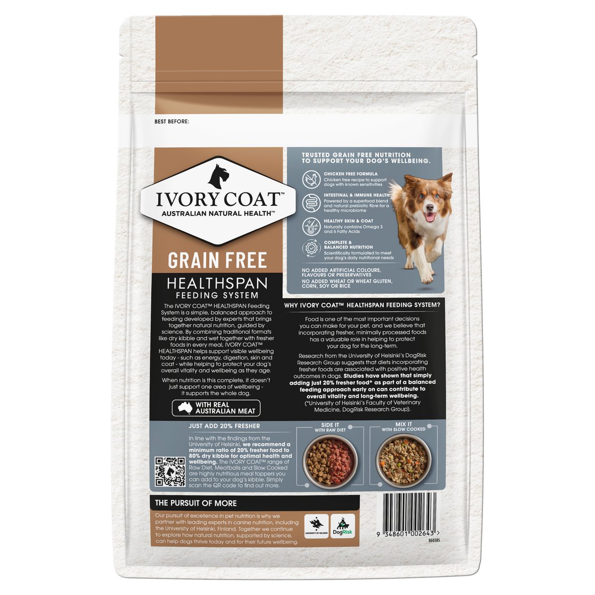 Back of the Ivory Coat Grain Free Lamb and Sardine Adult dry dog food bag
