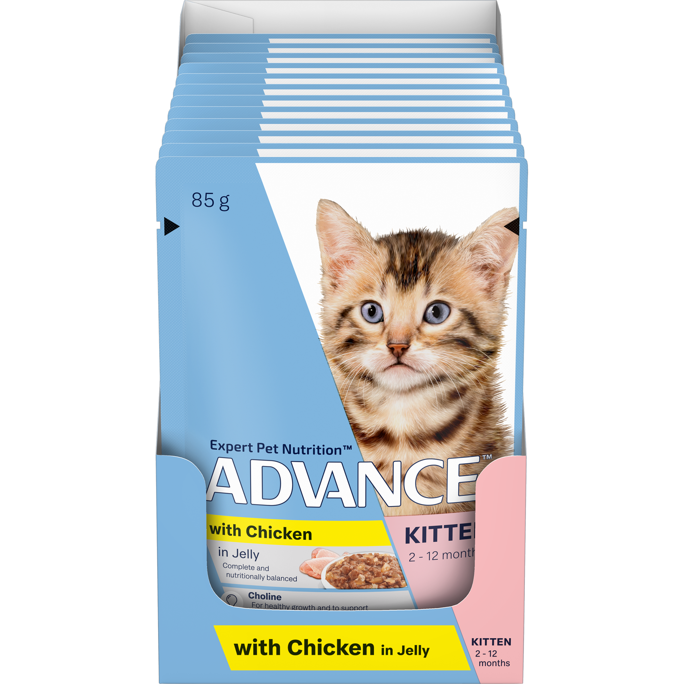 ADVANCE Kitten Wet Cat Food Chicken In Jelly 12x85g Pouches front of pack