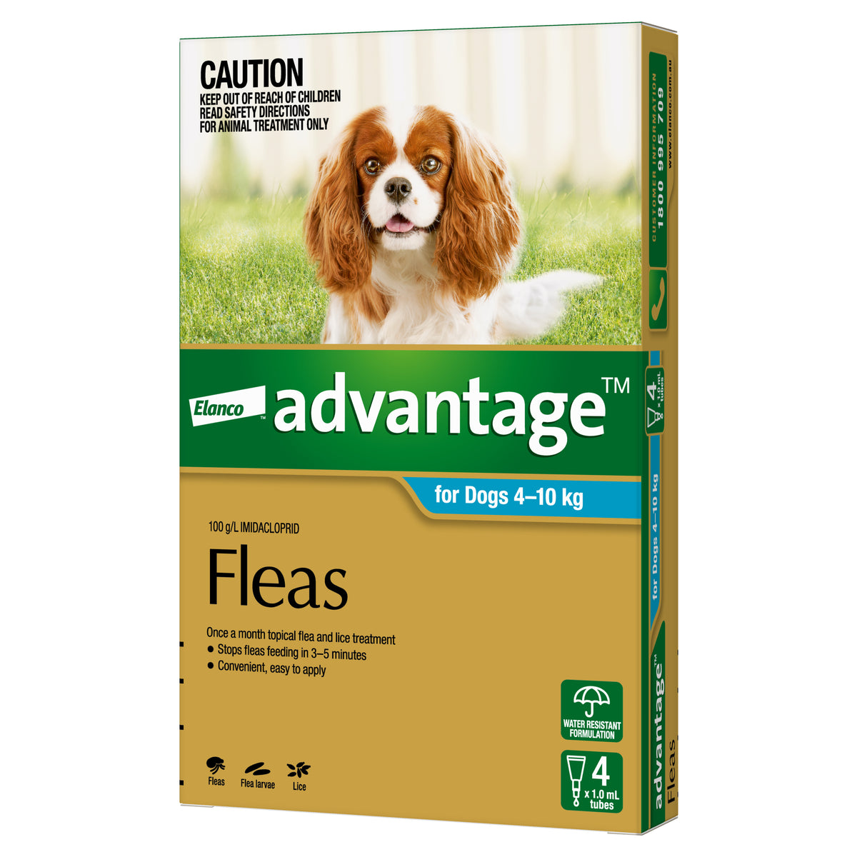 Advantage Flea Treatment for Dogs 4-10kg Aqua – 4 pipette pack, front