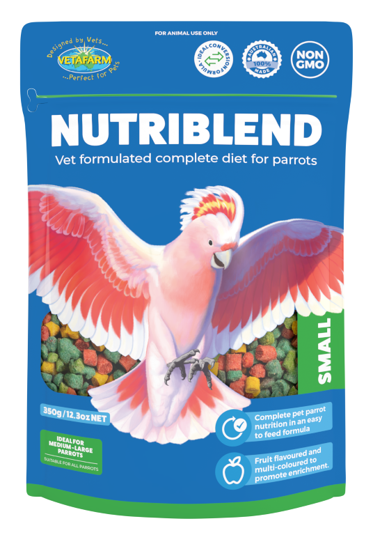 Vetafarm Nutriblend Small pellets 350g bag, new blue pack with a pink galah, front
