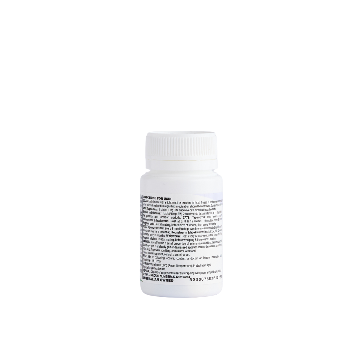 Fido's Closasole wormer 10 tablet bottle turned to the directions and dosage panel