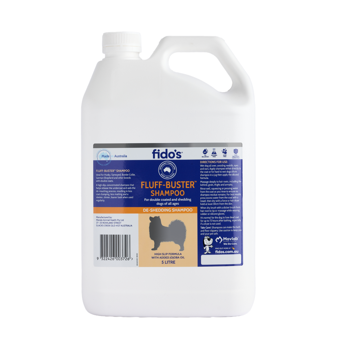 Fido's Fluff-Buster de-shedding shampoo for dogs, 5 L container with handle, front label