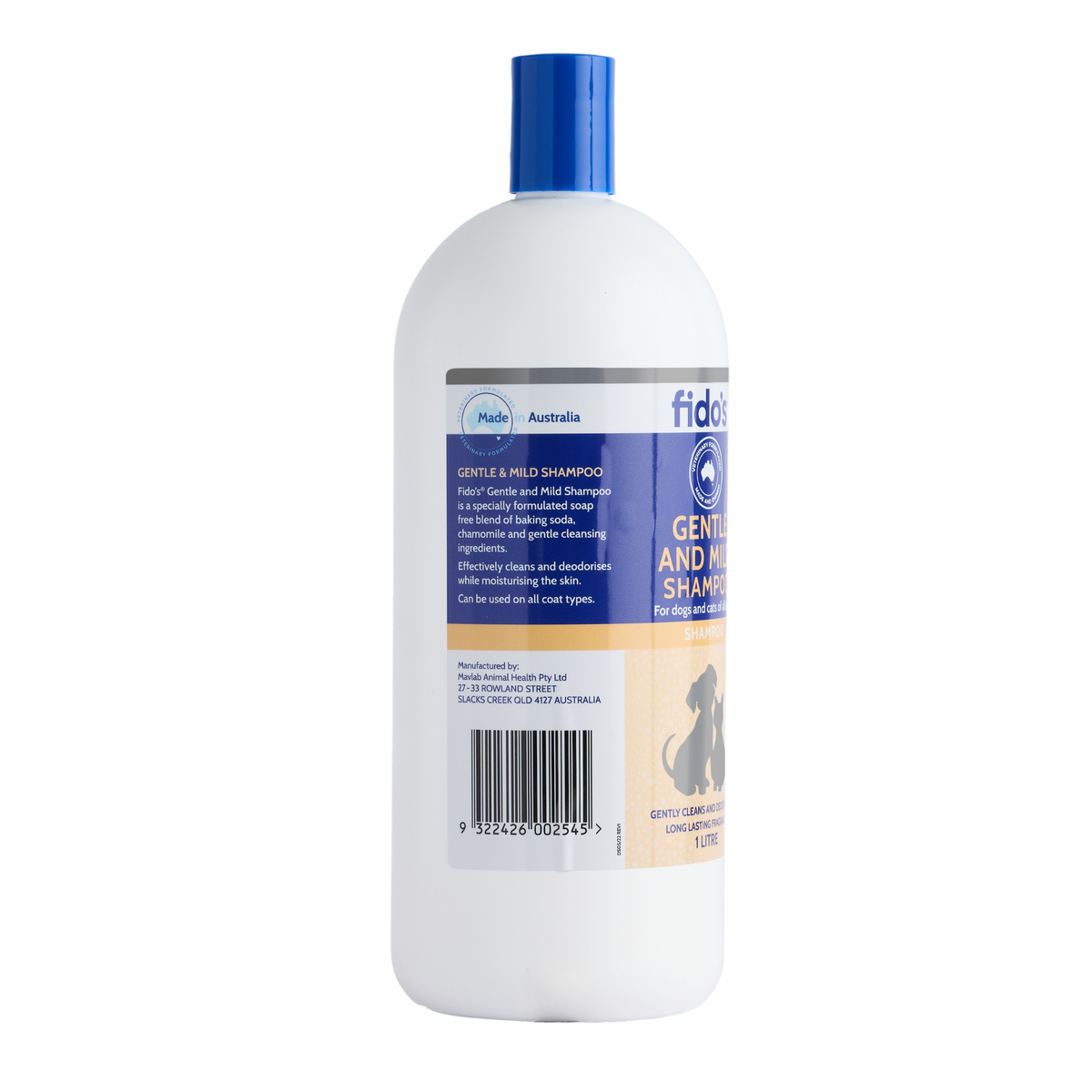 Fido's Gentle and Mild Shampoo 1 L bottle, left side of pack