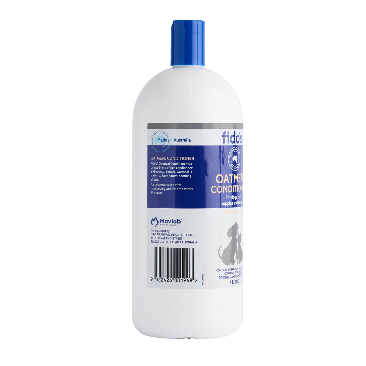 Fido's 2.5% Oatmeal Conditioner 1 L bottle, left side of pack