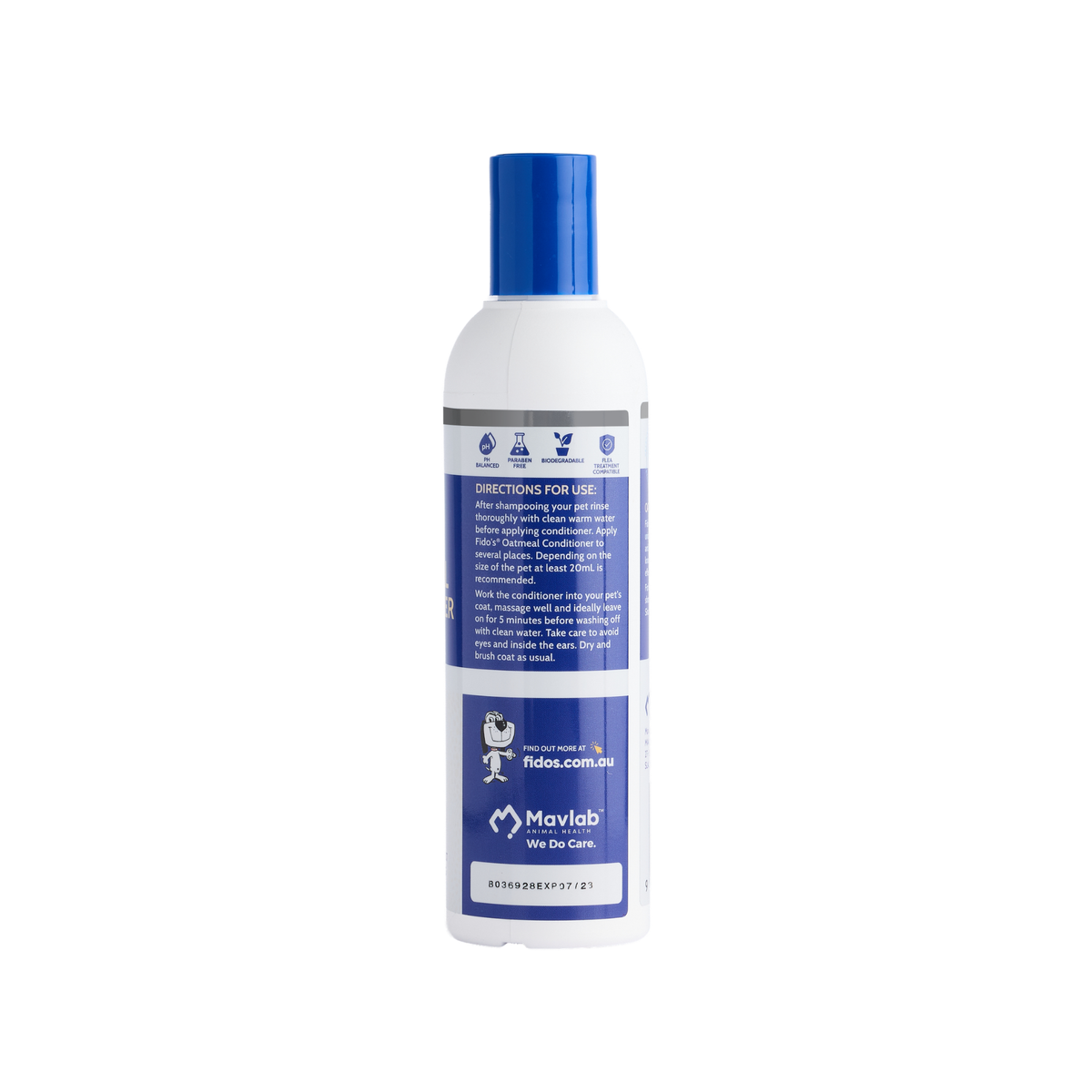 Fido's 2.5% Oatmeal Conditioner 250 mL bottle, right side of pack