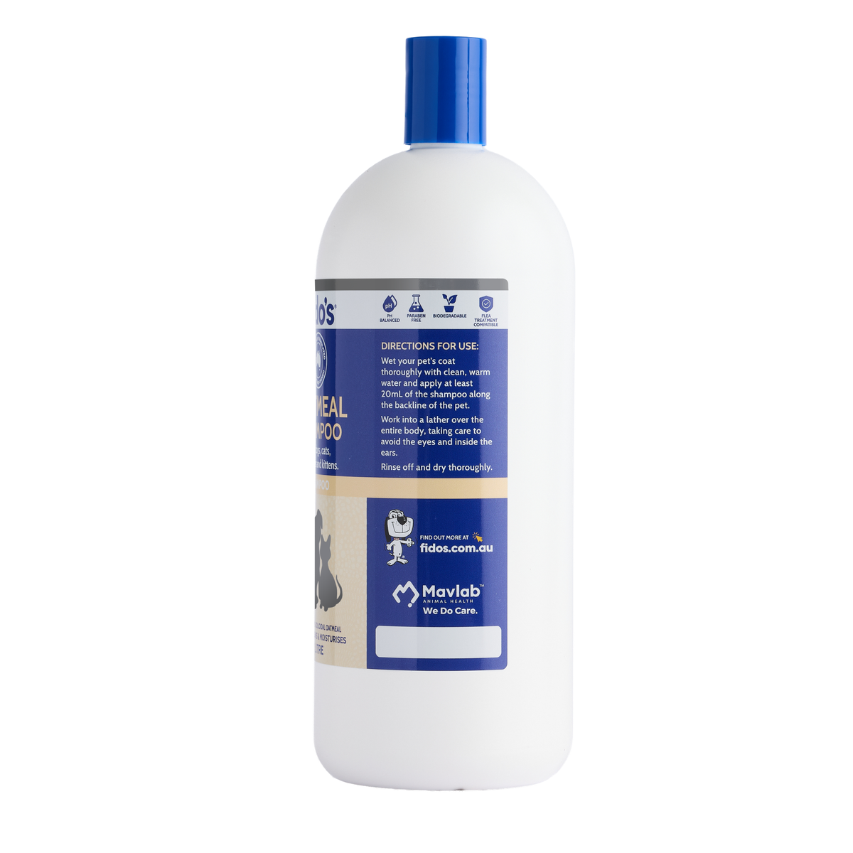 Fido's Oatmeal Shampoo 1 L bottle, right side of pack