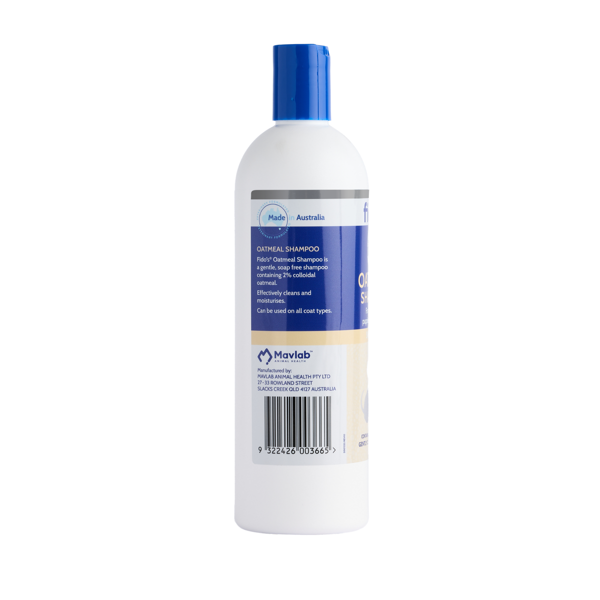Fido's Oatmeal Shampoo 500 mL bottle, left side of pack
