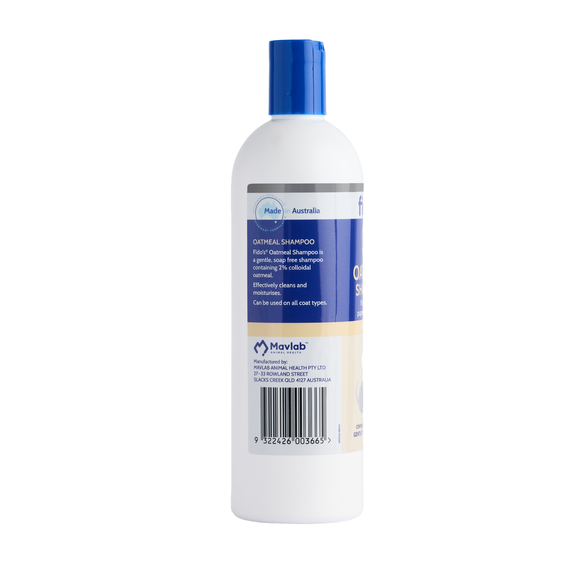 Fido's Oatmeal Shampoo 500 mL bottle, right side of pack