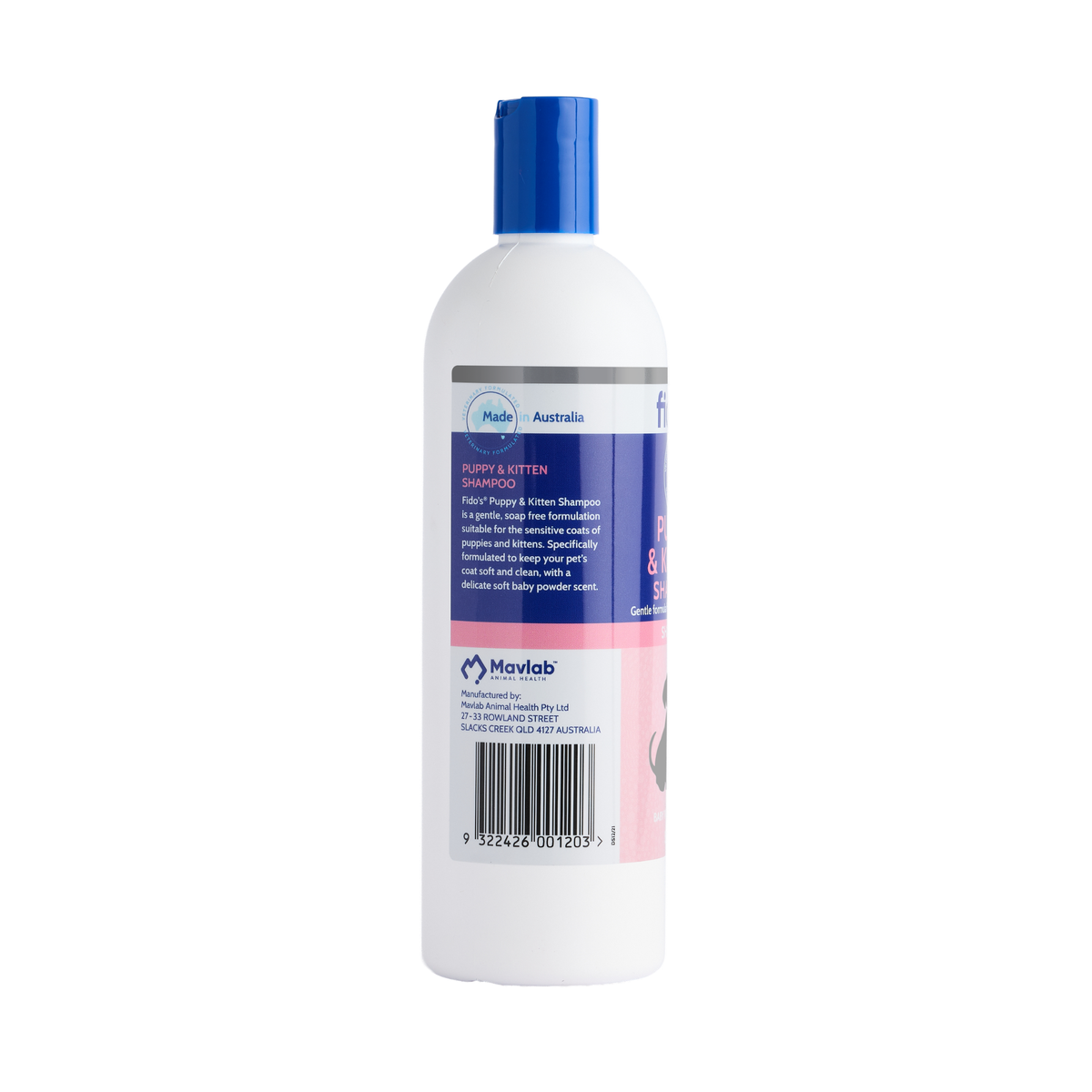 Fido's Puppy & Kitten Shampoo 500 mL bottle, left side of pack