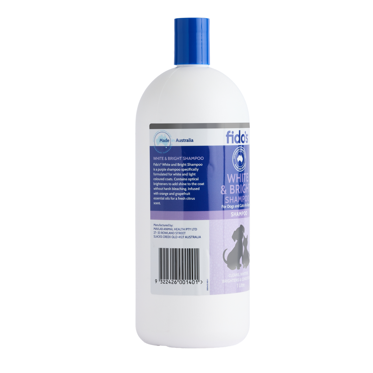 Fido's White and Bright Shampoo 1 L bottle, left side of pack