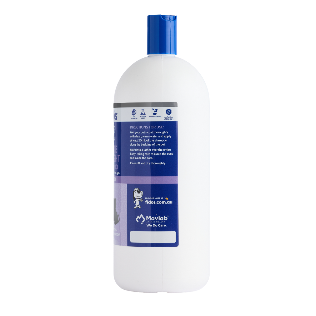 Fido's White and Bright Shampoo 1 L bottle, right side of pack
