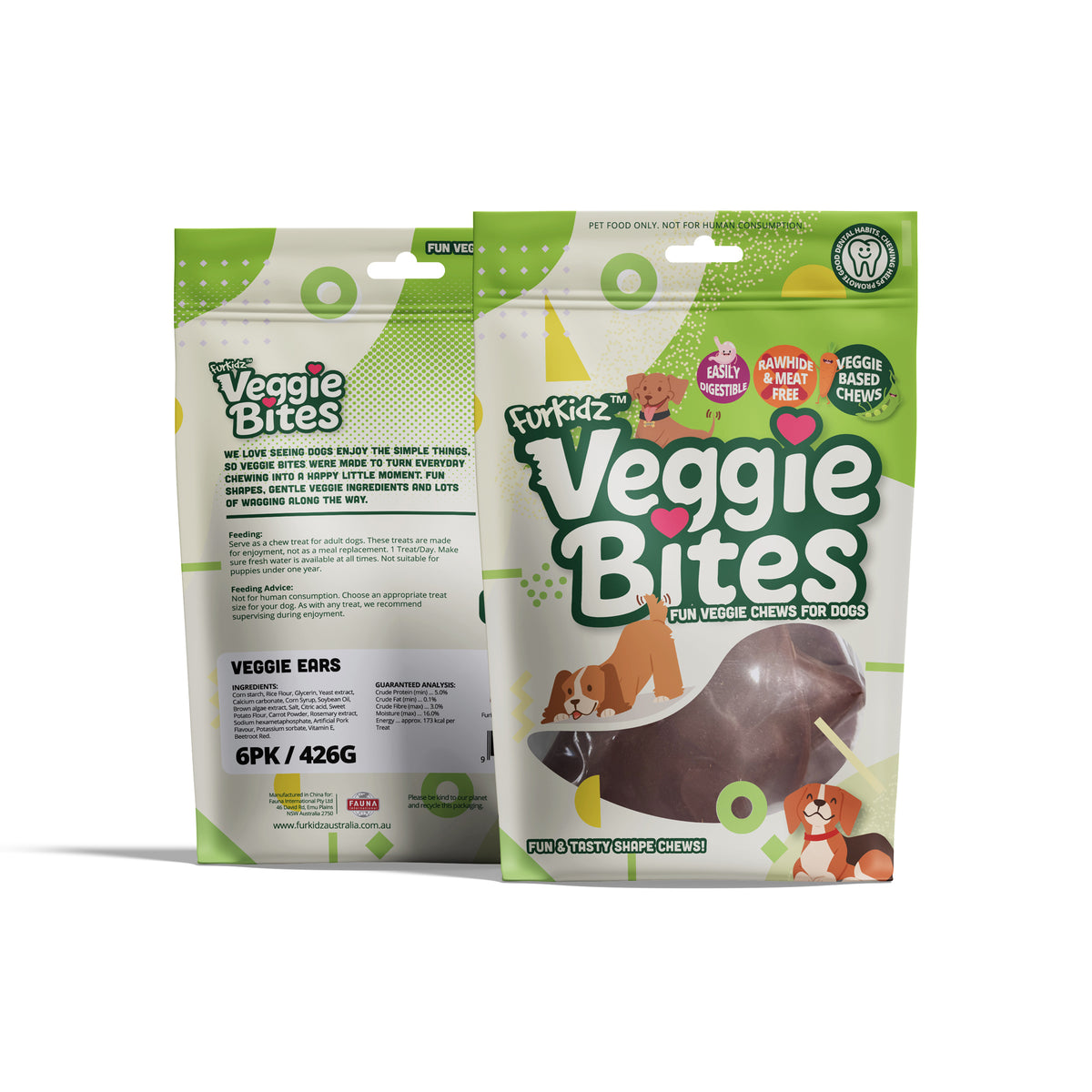 FurKidz Veggie Bites Pigs Ears - 426g Bag of 6 | PeekAPaw Pet Supplies