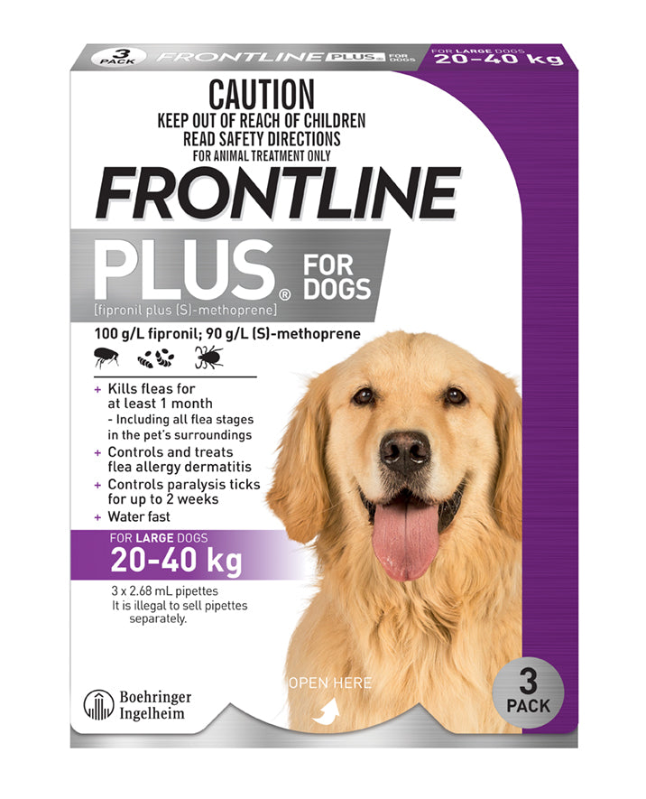 Frontline Plus for Dogs carton, purple 20-40 kg band, three pipettes