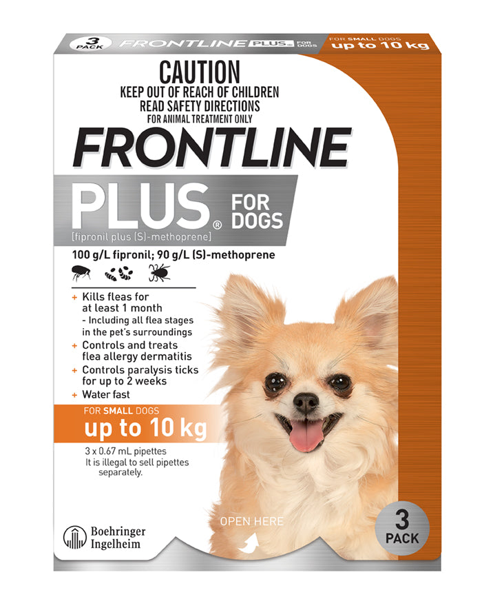 Frontline Plus for Dogs carton, orange up-to-10 kg band, three pipettes