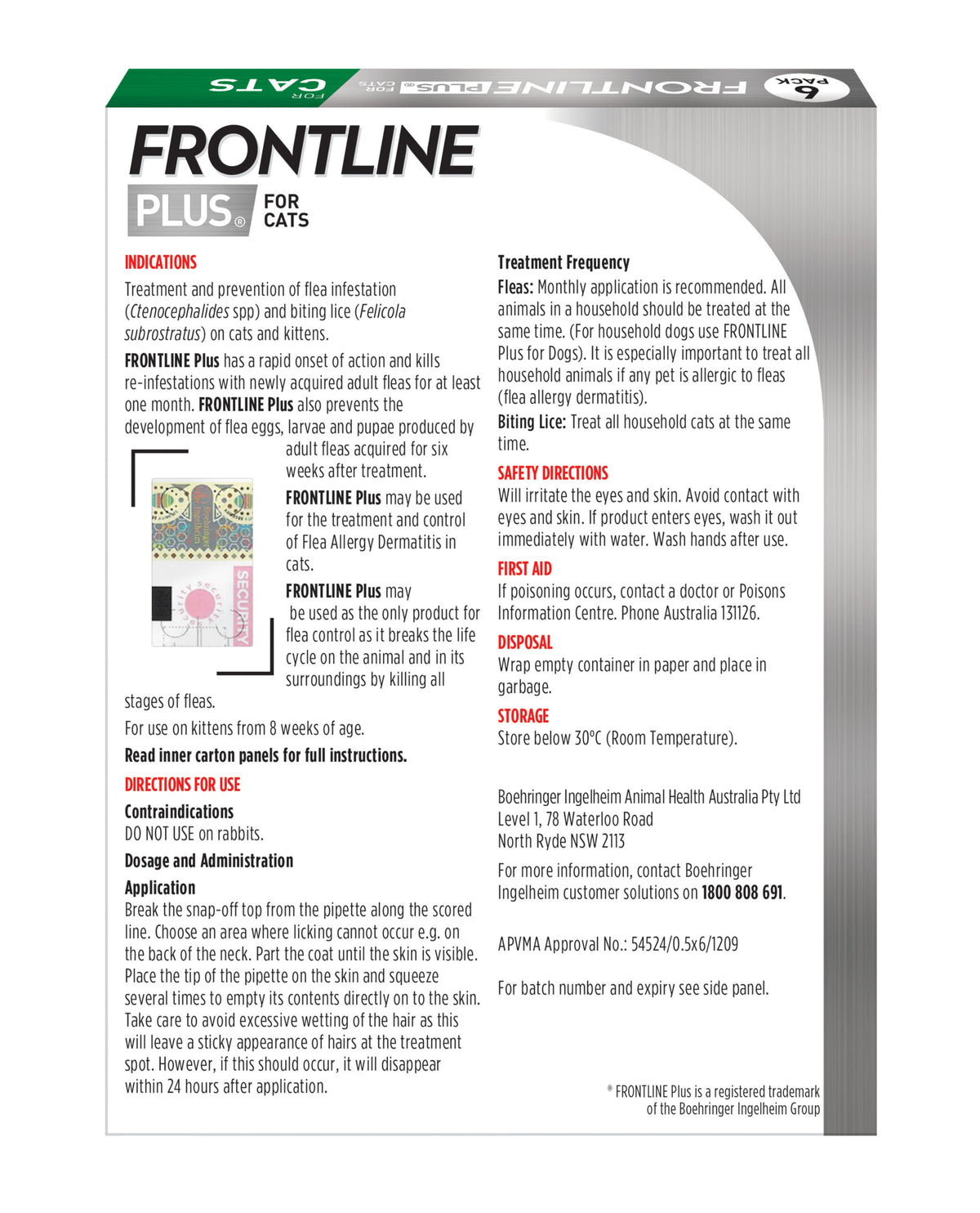 Back of the Frontline Plus for Cats six-pipette carton, with the label text