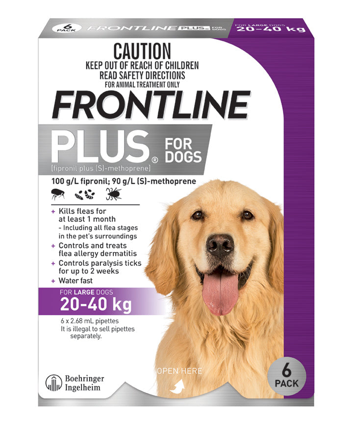 Frontline Plus for Dogs carton, purple 20-40 kg band, six pipettes